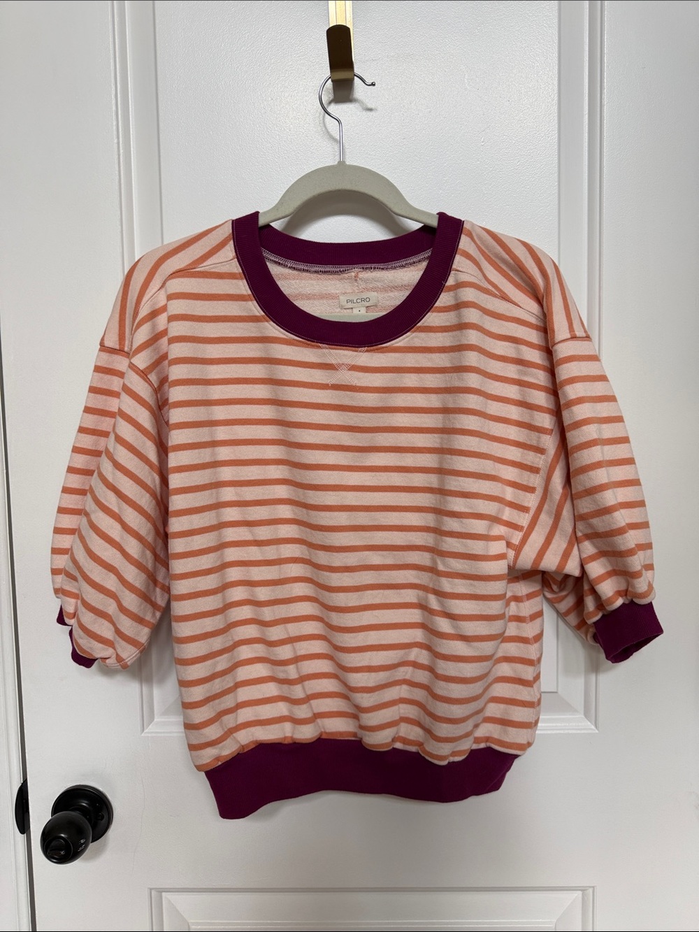 Pilcro Pink-Orange Striped Puff Sleeve Terry Sweatshirt with Purple Trim
